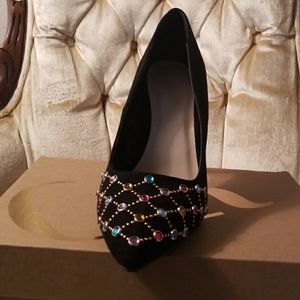 Black pumps with multi colored rhinestones